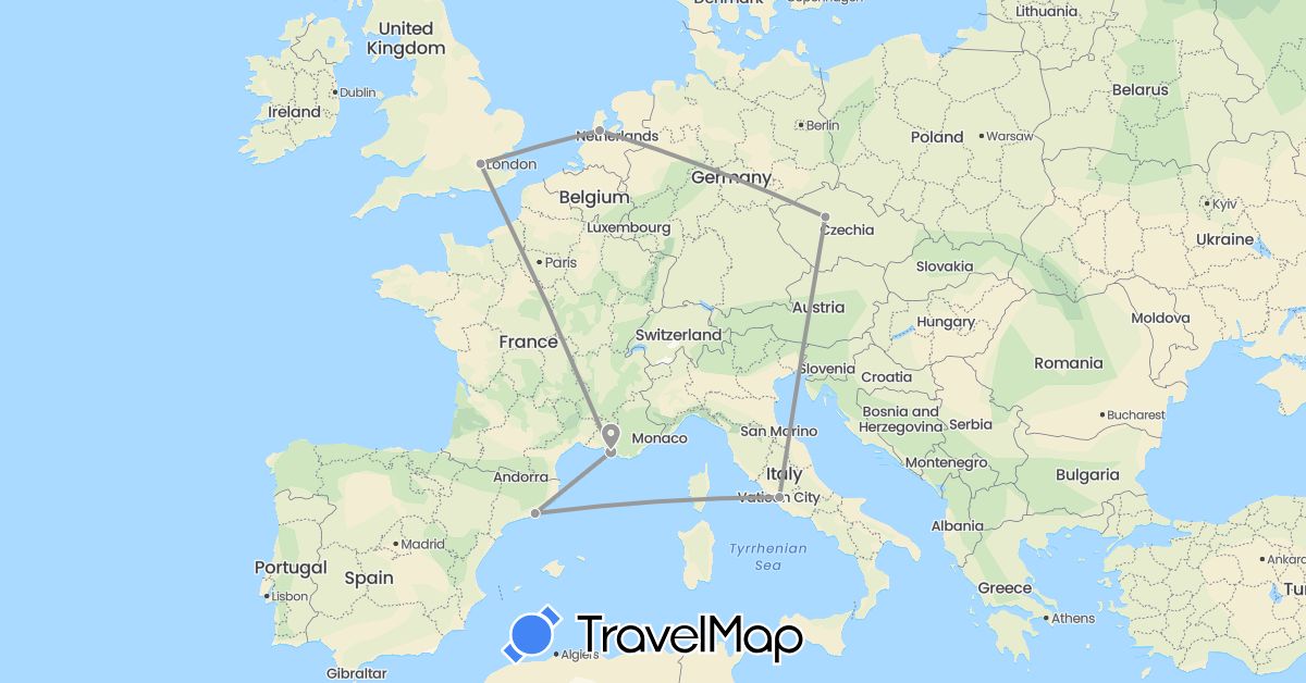 TravelMap itinerary: driving, plane in Czech Republic, Spain, France, United Kingdom, Italy, Netherlands (Europe)