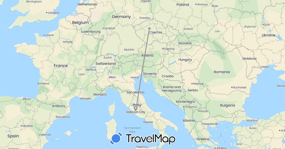 TravelMap itinerary: driving, plane in Czech Republic, Italy (Europe)